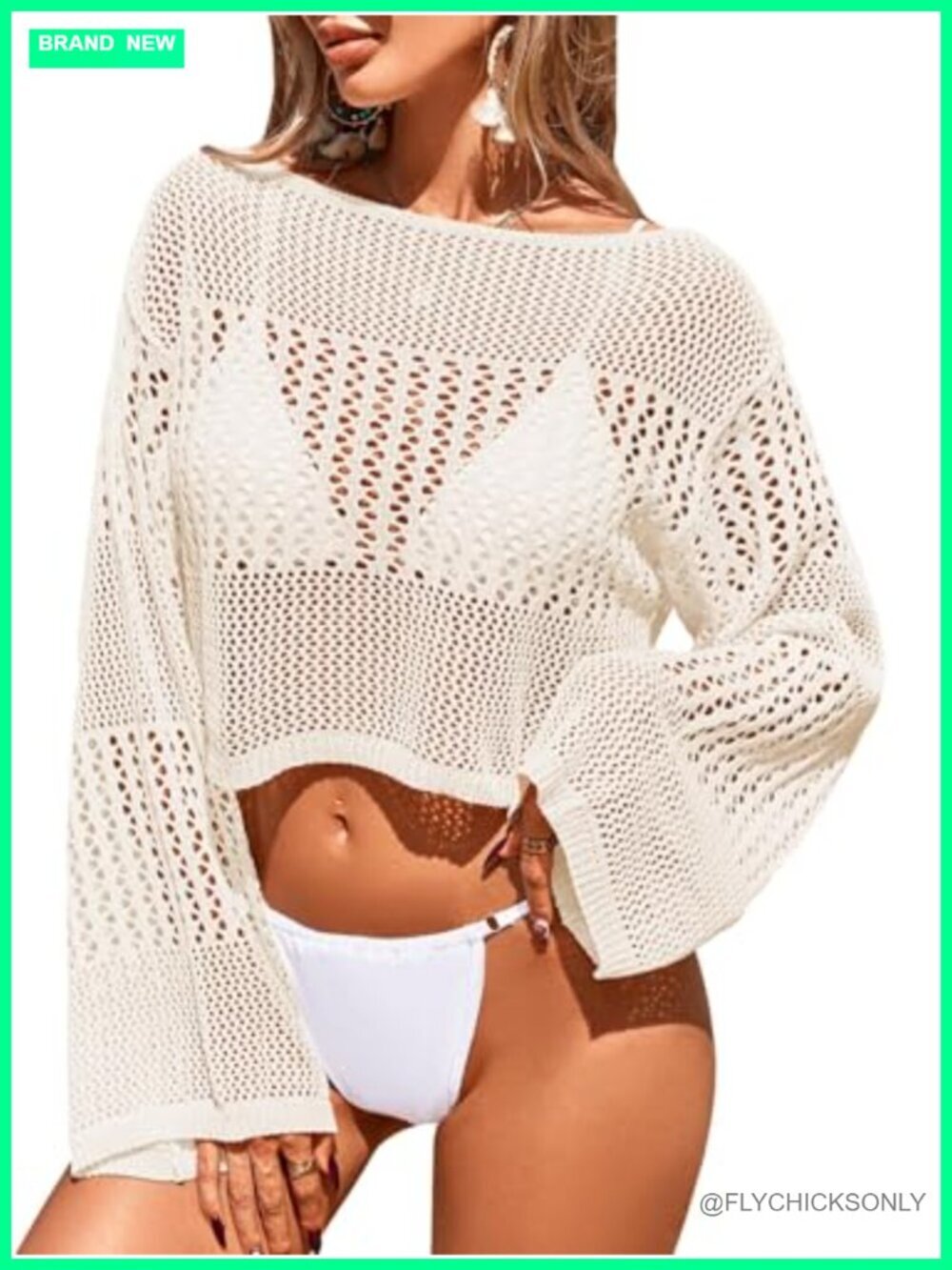 Crochet Swimsuit Coverup Cropped Top Off Shoulder Ruffle Trim Beach
